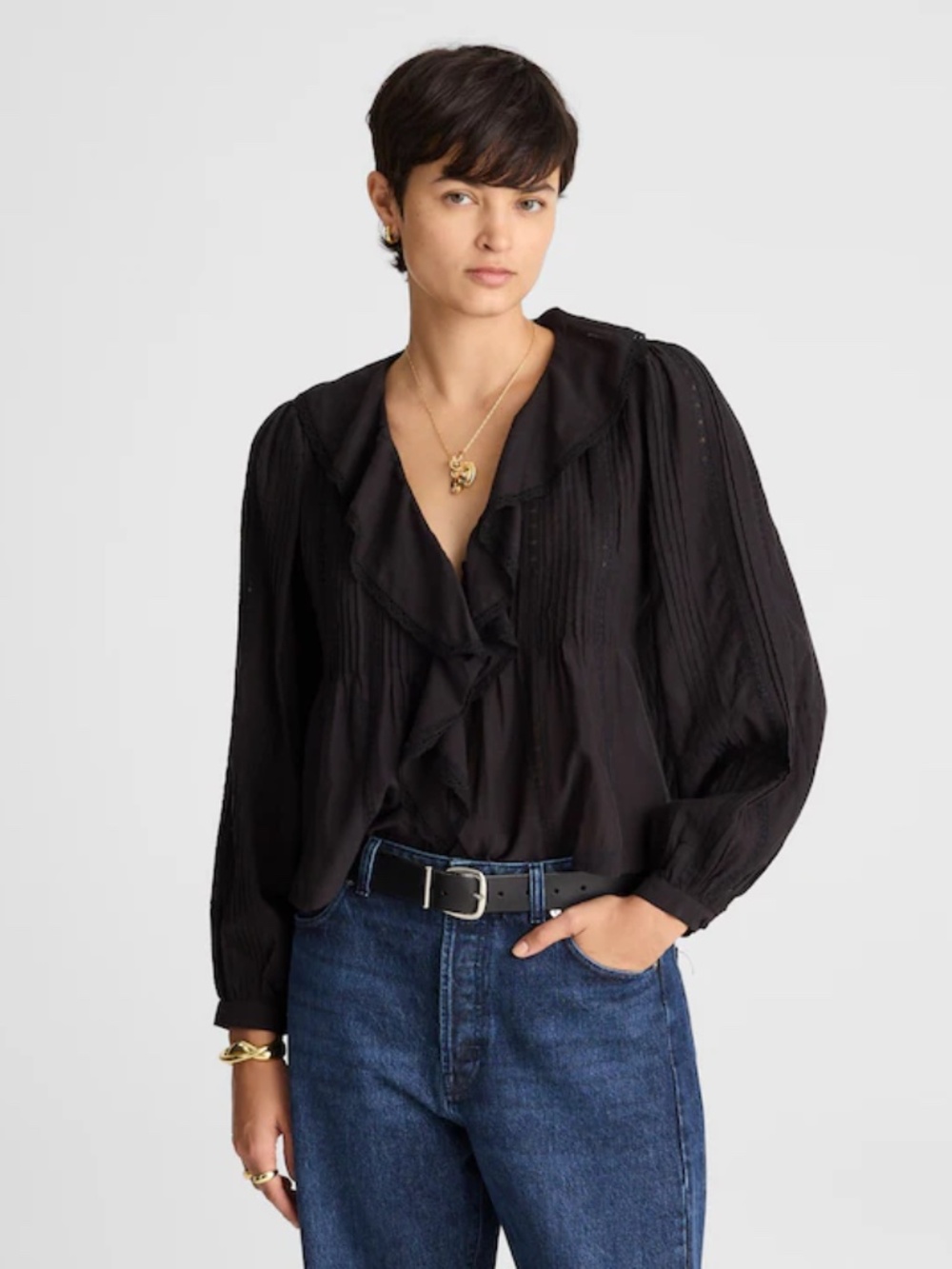 Madewell Lace-Insert Ruffled Pintuck Long-Sleeve Top